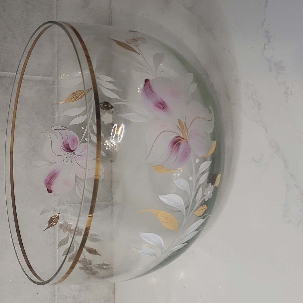 Painted floral glass bowl gold rim
